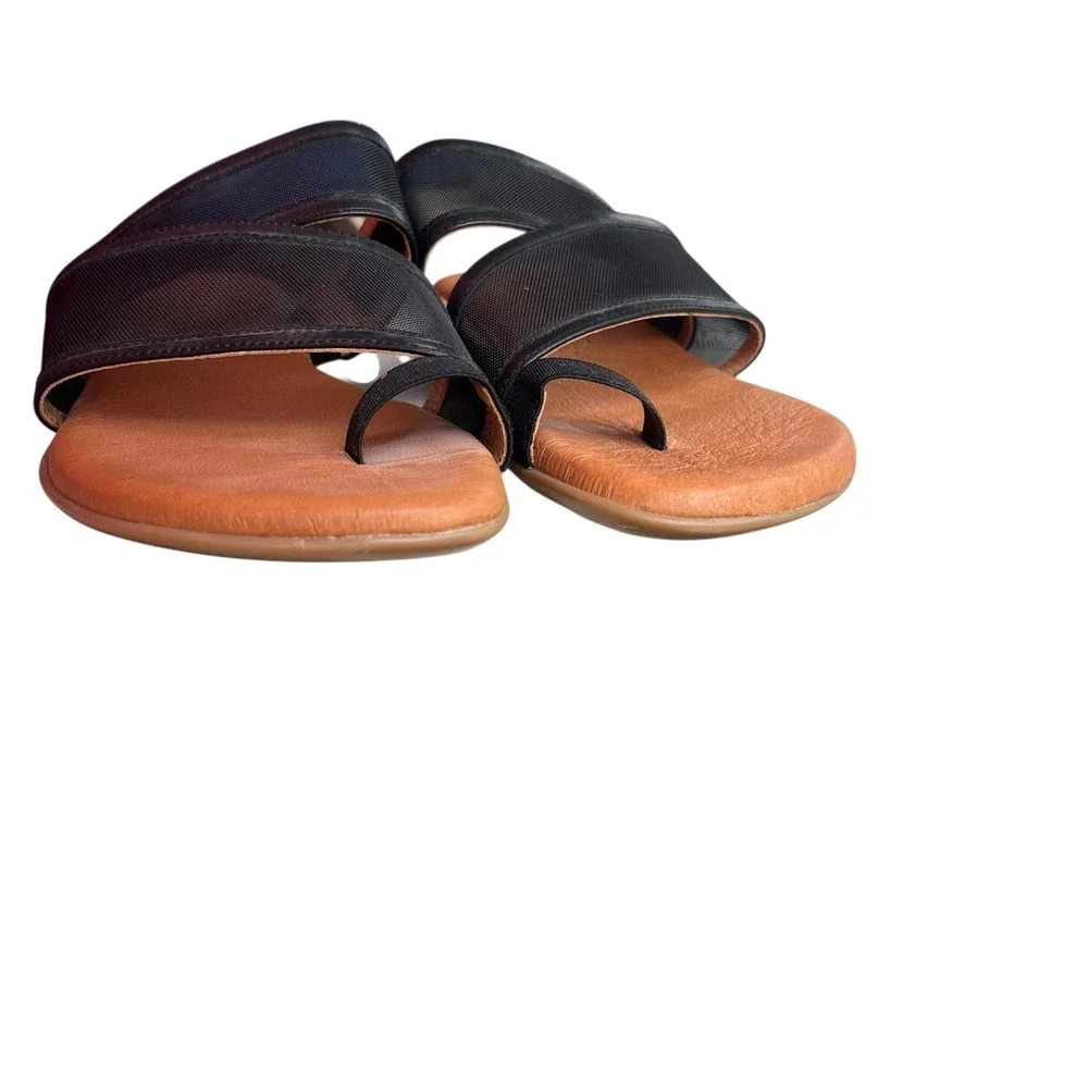 Andre Assous 9 Black Mesh Straps Leather Footbed Nina Flat Sandals Slip On Spain